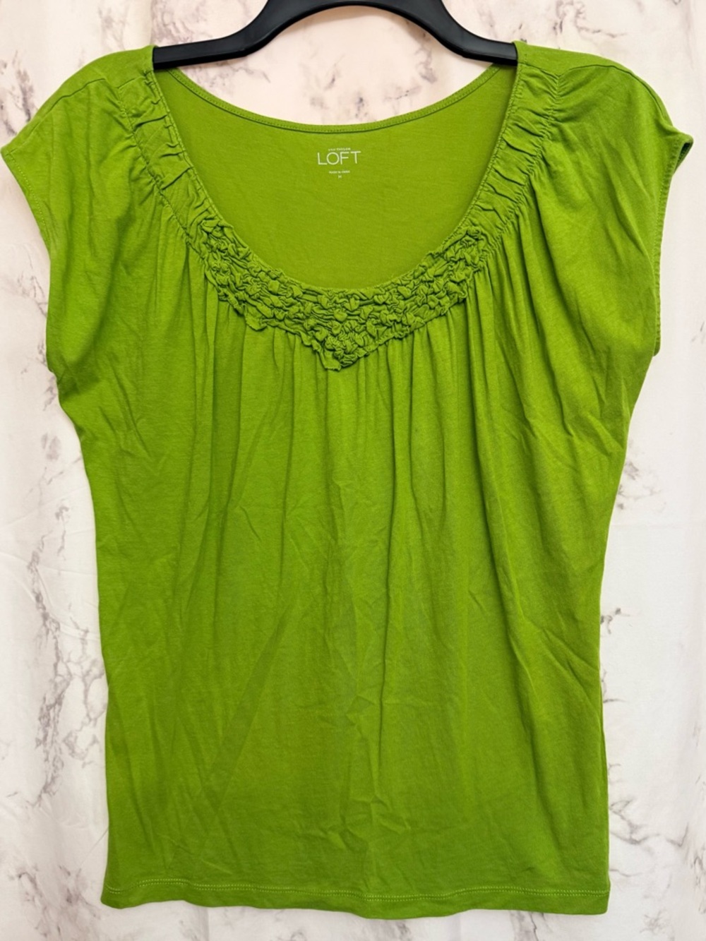 LOFT Lime Green Ruffled Scoop Neck Short Sleeve Top
